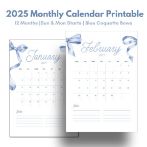 2025 Coquette Blue Bow Printable Calendar