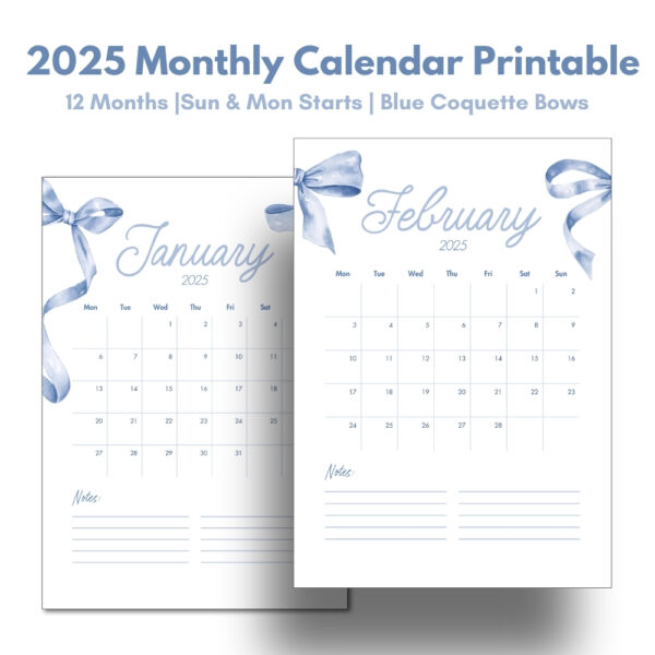2025 Coquette Blue Bow Printable Calendar