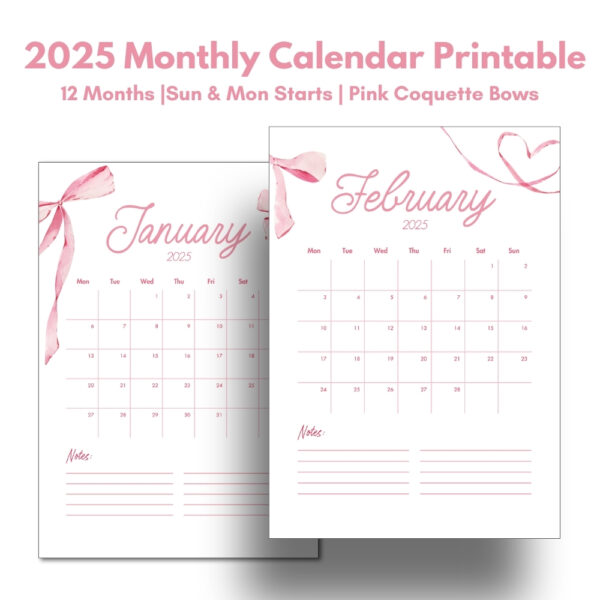 2025 Coquette Pink Bow Printable Calendar