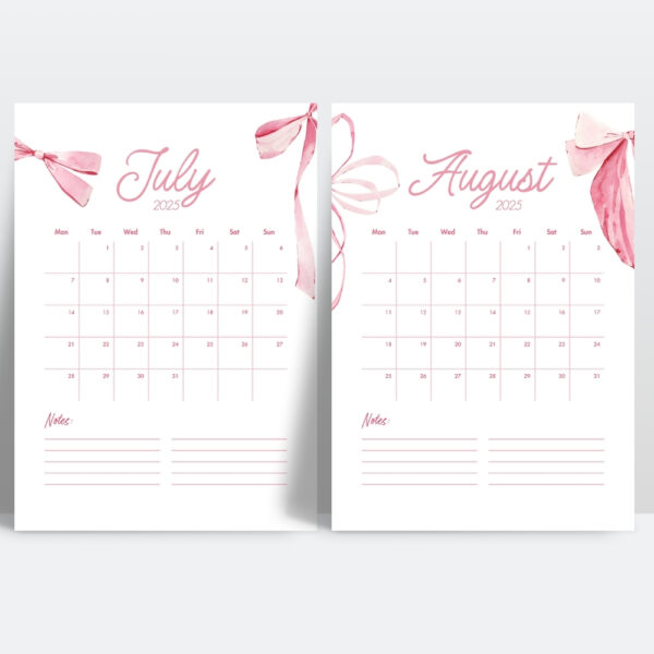 2025 Coquette Blue Bow Printable Calendar - Image 4