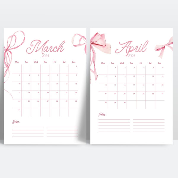 2025 Coquette Blue Bow Printable Calendar - Image 2