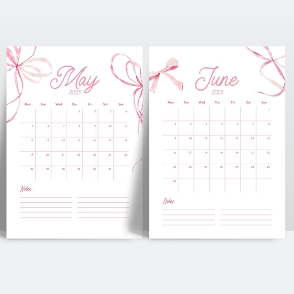 2025 Coquette Blue Bow Printable Calendar - Image 3
