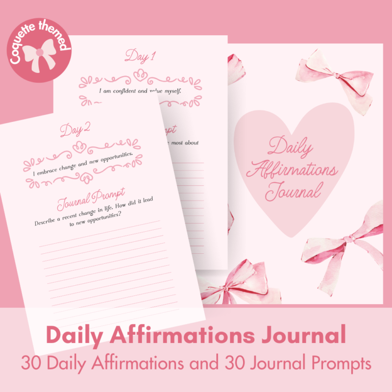 A product page showing mockups of a a pink daily affirmations journal. Three pages are displayed. The cover page and two journal pages. The bottom of the image names the name of the product 'Daily Affirmations Journal'