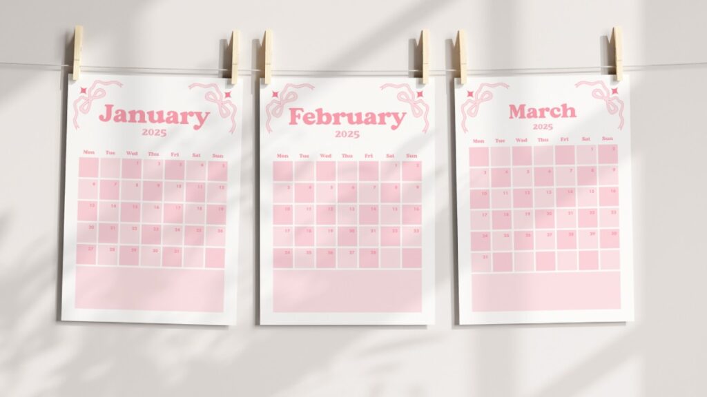 Three A4 pink coquette calendar pages for January, February, and March. These calendar pages hang on a string with wooden pegs.