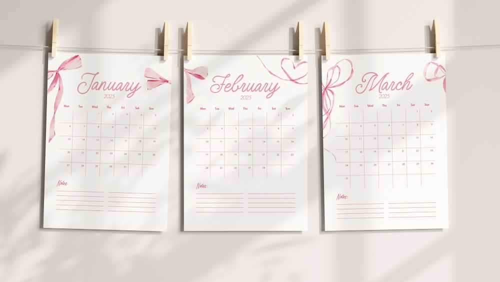 Three printable 2025 monthly calendar pages for January, February, and March featuring a pink coquette aesthetic with ribbon and bow illustrations, hanging on a line with wooden pegs against a softly lit background.