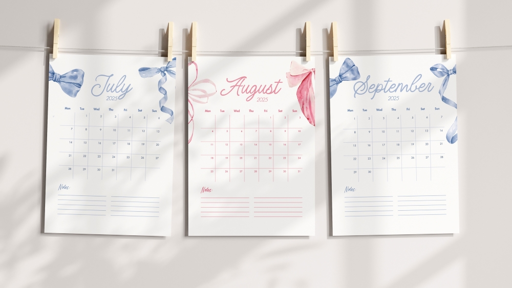 Three printable 2025 monthly calendar pages for July, August, and September, featuring coquette-style pink and blue bow designs, hanging on a line with wooden pegs.