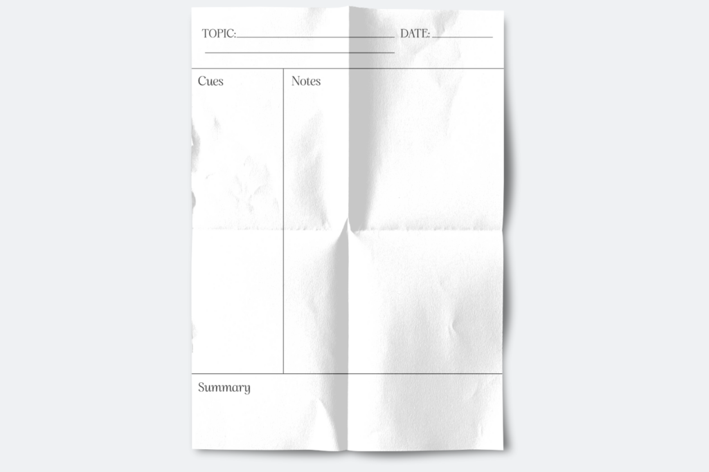 Cornell Notes template with serif font headings and a classic layout, formatted on textured folded paper with cue, notes, and summary areas.