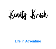 The words "Beauty Brush" written in the black brush font with the name of the font, Life In Adventure, beneath the text