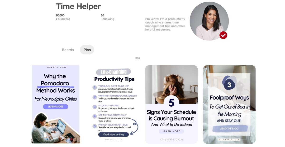Of course. Here are a few options for alt text, ranging from simple to more detailed. Option 1 (Concise): A mockup of a Pinterest desktop profile for an account named "Time Helper." The profile belongs to a productivity coach named Clara and features a grid of pins with titles about time management, productivity tips, and avoiding burnout.