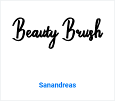 The words "Beauty Brush" written in the black brush font with the name of the font, Sanandreas, beneath the text