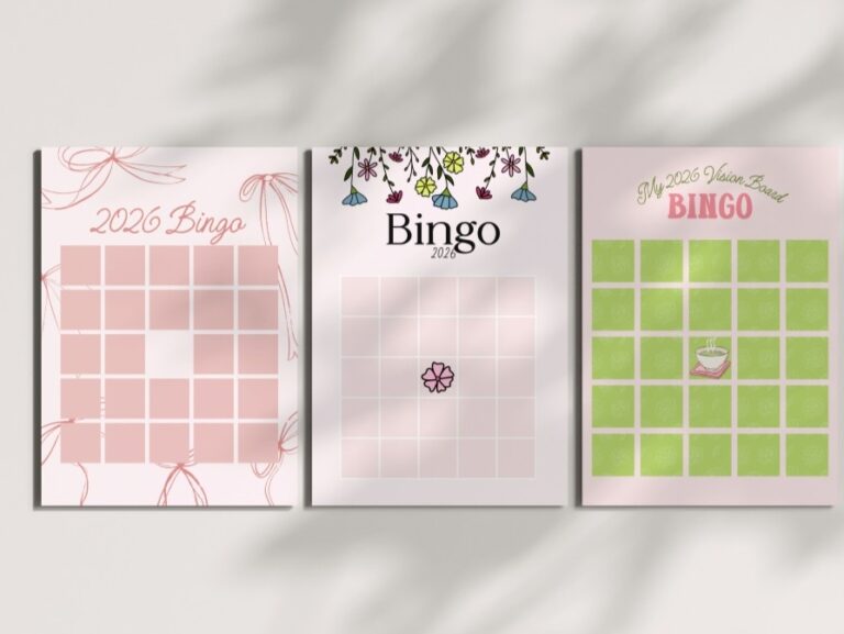 mockup showing three aesthetic 2026 bingo cards side-by-side. The designs shown are the pink coquette, floral, and matcha vision board themes.