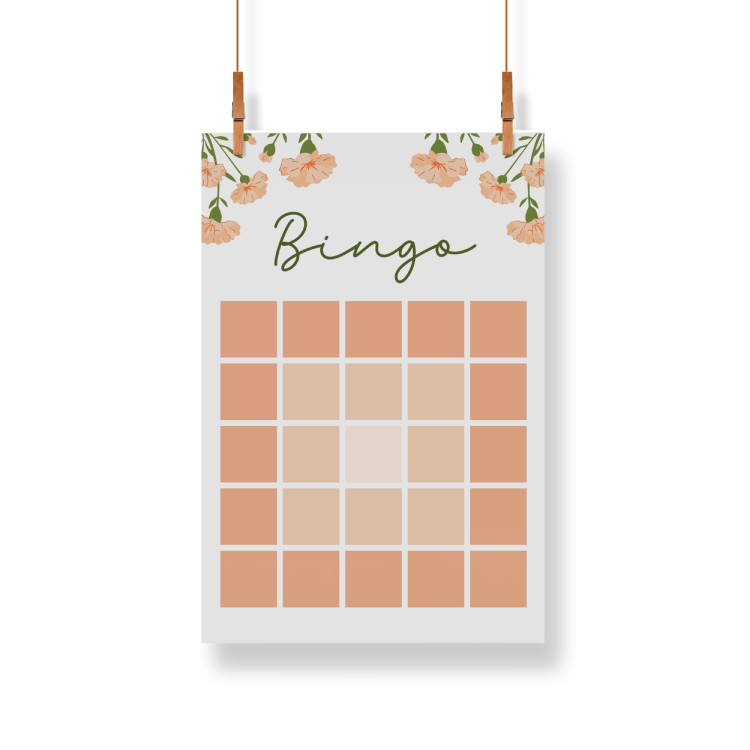 A mockup of a Bingo card in peach hues with peach and green carnations at the top of the page. The word 'Bingo' is written at the top of the page in a muted dark green script font.