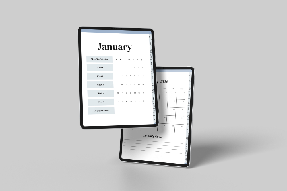 Two tablets showing the January 2026 index page and a full monthly calendar view with a goals section.