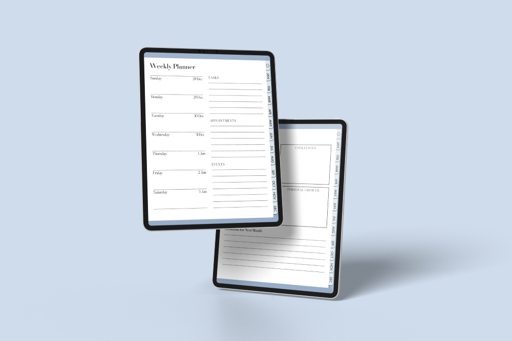 Two tablets showing different weekly planning pages, including daily schedules, tasks, and a personal growth tracker.