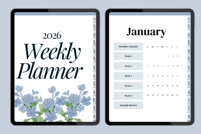 Two tablets showing the 2026 floral cover page and the January monthly navigation index.