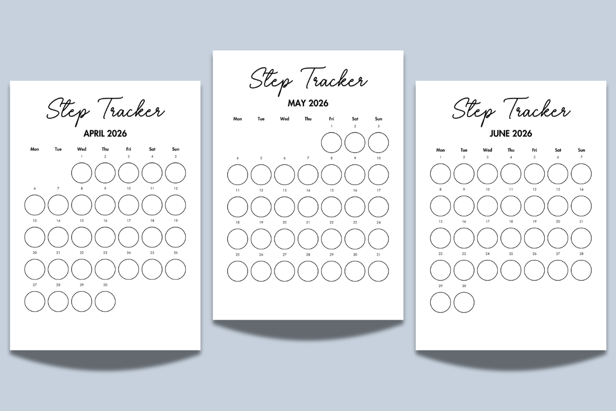 Three printable monthly step tracker sheets for April, May, and June 2026, each featuring a calendar grid with blank circles to log steps for every day of the month.