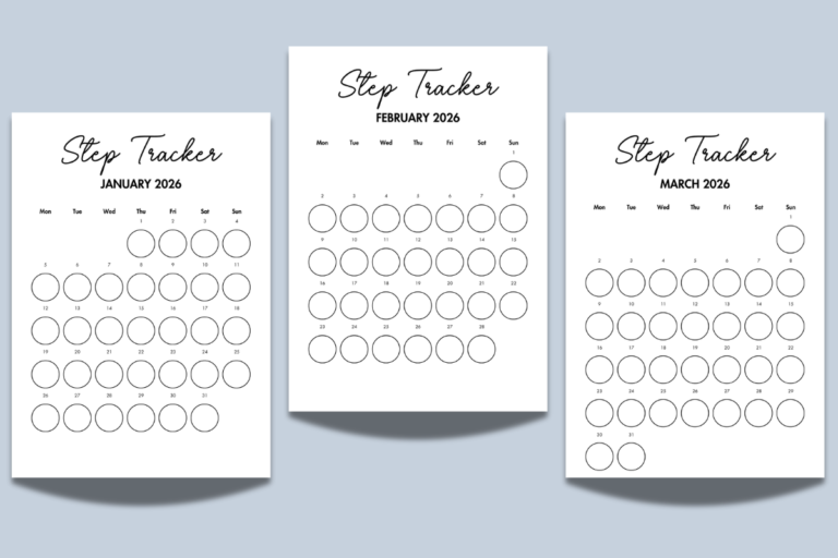 Three printable monthly step tracker sheets for January, February, and March 2026, each featuring a calendar grid with blank circles to log steps for every day of the month.
