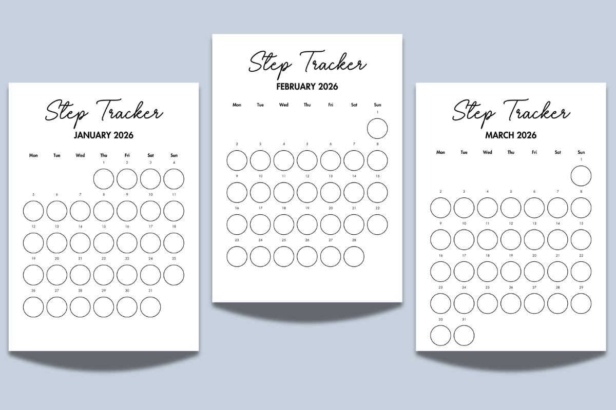 Three printable monthly step tracker sheets for January, February, and March 2026, each featuring a calendar grid with blank circles to log steps for every day of the month.