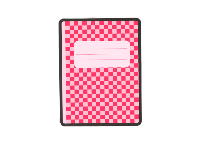 Pink checkerboard digital notebook cover with a light pink label on the front.