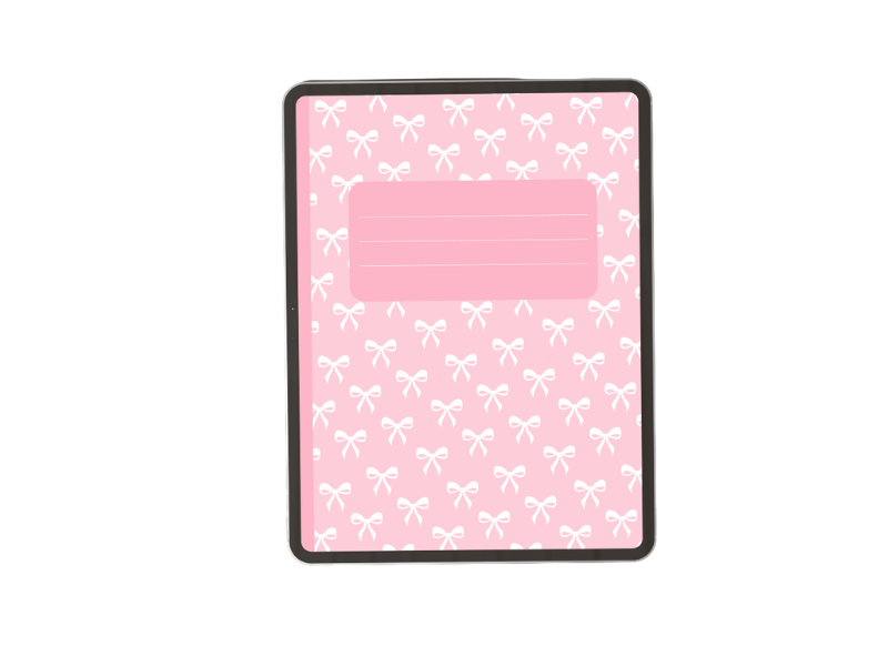 Pink digital notebook cover with a white bow pattern and a pink label on the front.