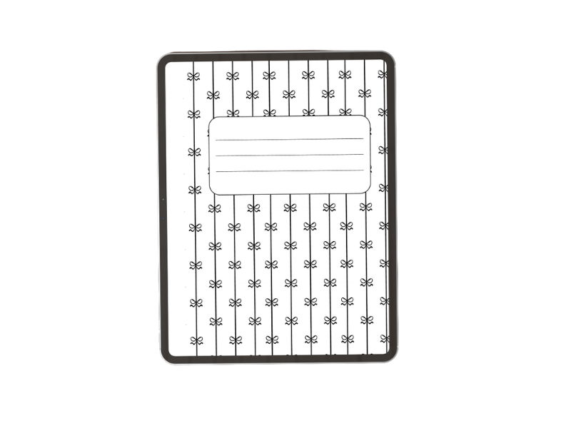 White digital notebook cover with black bow and stripe pattern and a white label on the front.