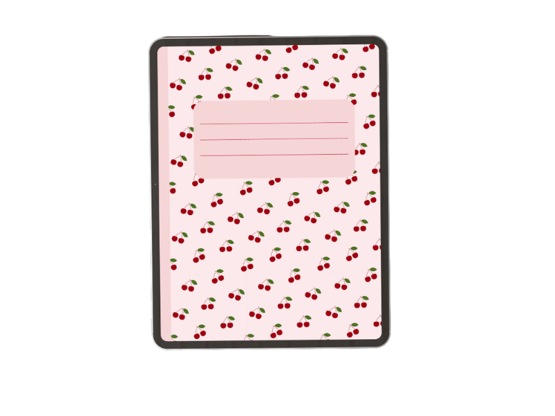 Light pink digital notebook cover with a cherry pattern and a pink label on the front.