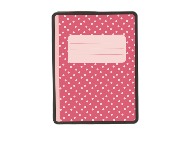 Dark pink digital notebook cover with white polka dots and a light pink label on the front.