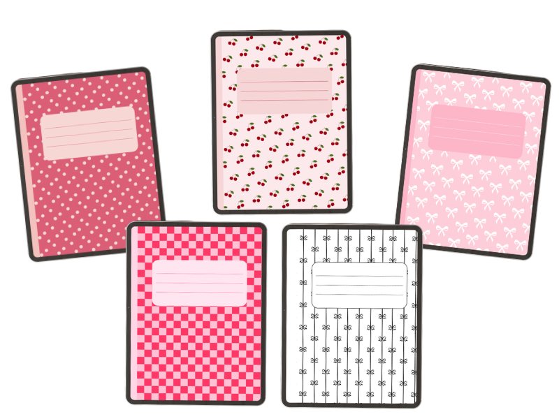Five digital notebook covers with pink bows, black bows, cherries, polka dots, and pink checkerboard patterns displayed together.