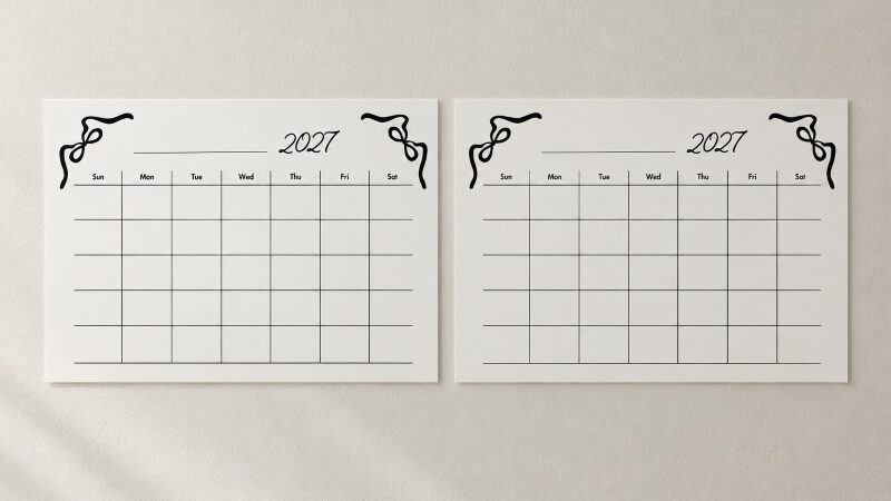 Black and white 2027 calendar printable with bow illustrations, blank grid, Sunday start