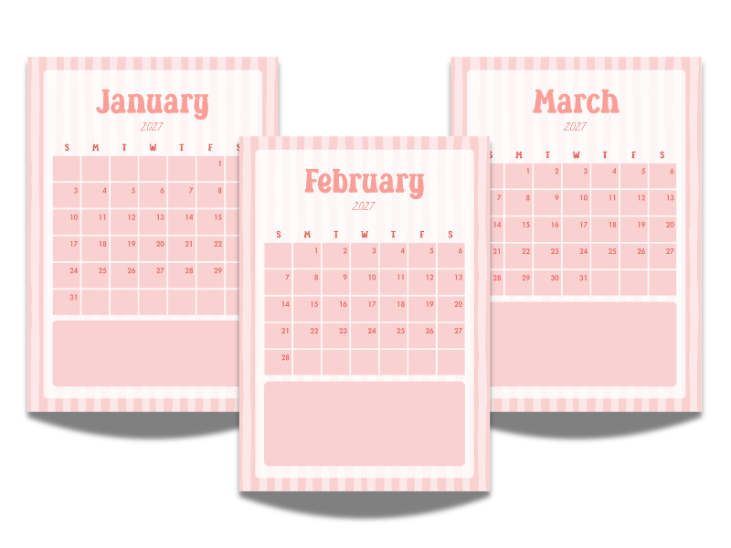 2027 free printable calendar in a coral pink striped design, showing January, February, and March monthly calendar pages.