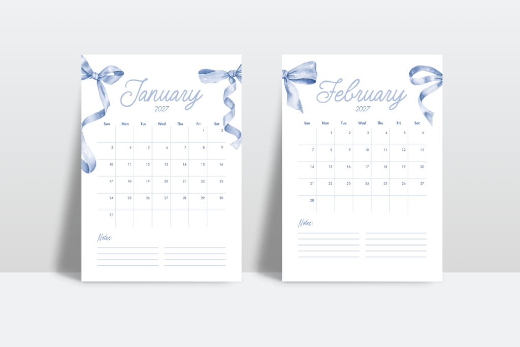 Two blue 2027 calendar pages displayed side by side on a grey background, each with ribbon bows and notes sections.