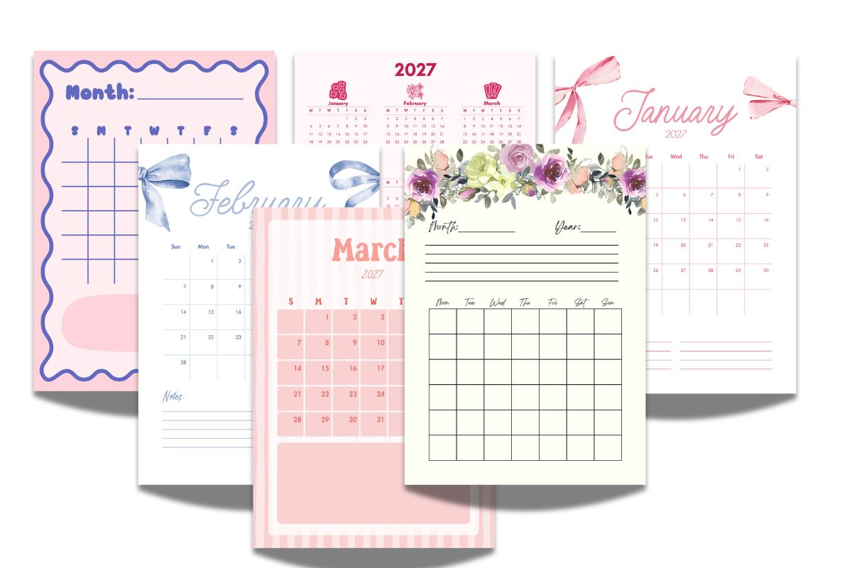 Six pink and blue printable calendar templates for 2027 in different styles: a scalloped fill-in-month grid, a mini three-month quarterly view, a January page with pink bow accents, a February page with a blue bow, a pink striped March page, and a floral fill-in-month page
