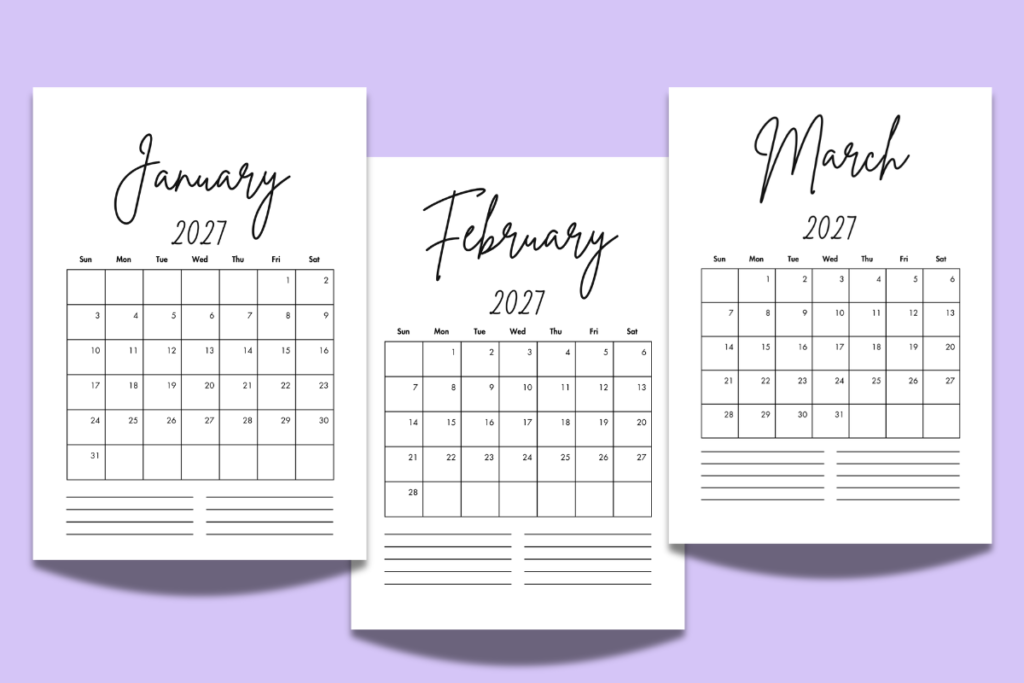 Minimalist 2027 calendar showing January, February, and March monthly pages with handwritten-style month titles, date grids, and lined sections for notes on a lavender background.