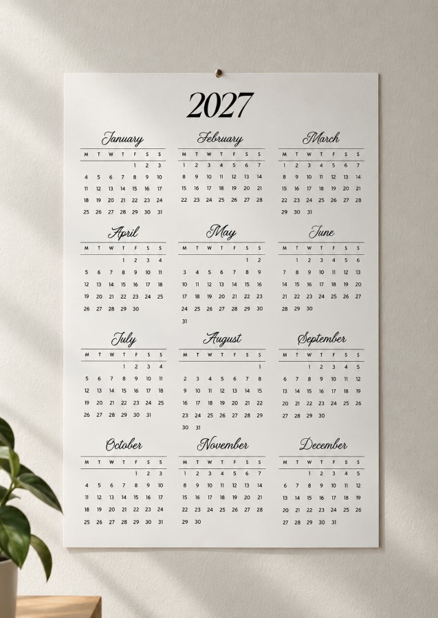 Large 2027 calendar poster hanging on an off-white textured wall, featuring all twelve months in a clean three-column grid with elegant black script month names and minimalist date layouts.
