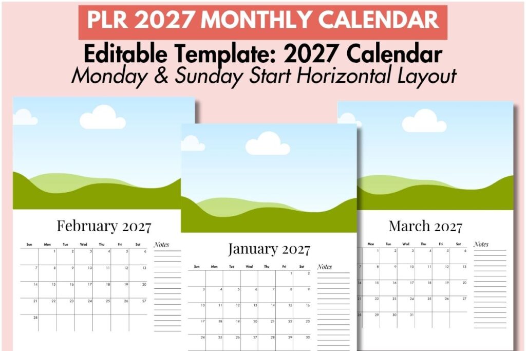 Editable PLR 2027 monthly calendar template with landscape illustration, date grid and notes lines.