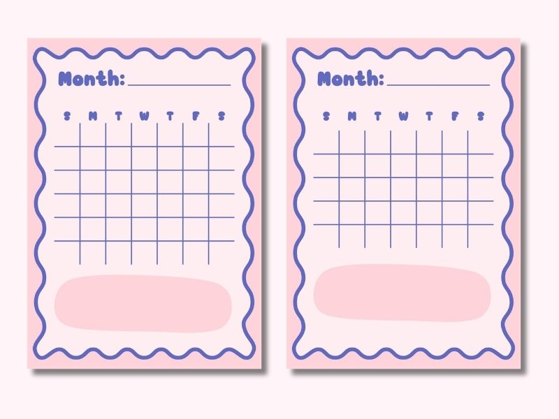 Pink and blue wavy-border undated monthly calendar printable with blank grid