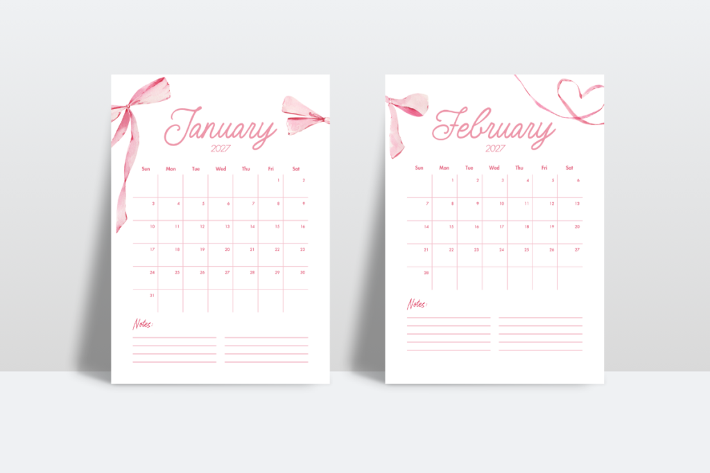 Two pink 2027 calendar pages displayed side by side on a grey background, featuring ribbon bows and monthly notes sections.