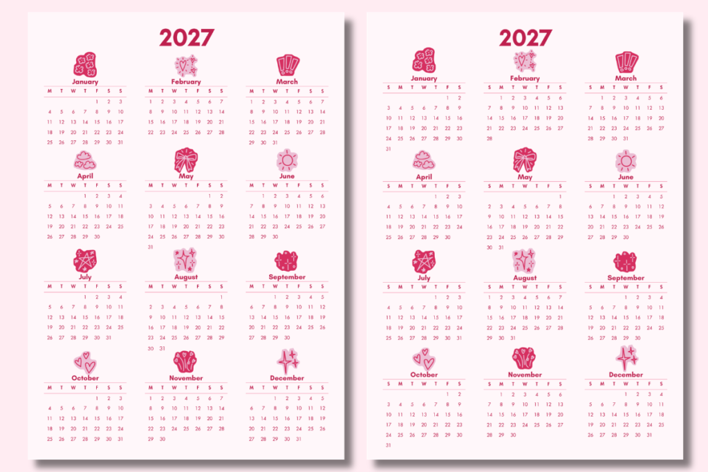 Two pink 2027 yearly calendar pages side by side, one starting weeks on Monday and one on Sunday, each showing all twelve months with small pink doodle icons above each month name.