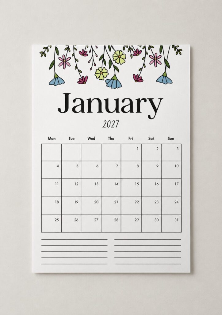 Floral January 2027 printable calendar with colorful hanging wildflowers, Monday start, and note lines