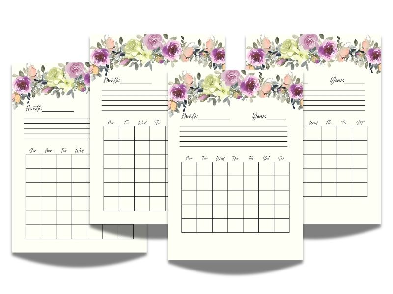 Purple floral undated monthly calendar printable with blank grid and lines for notes
