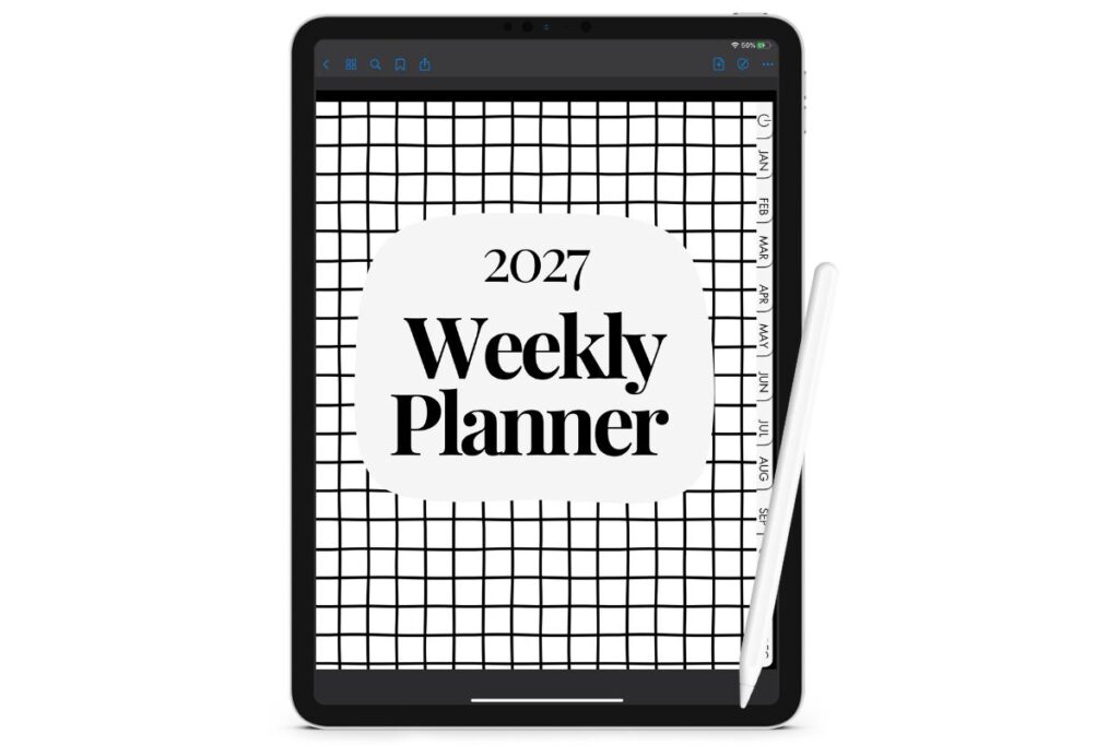 2027 digital weekly planner displayed on a tablet, featuring a black-and-white grid cover, bold typography, and monthly navigation tabs.