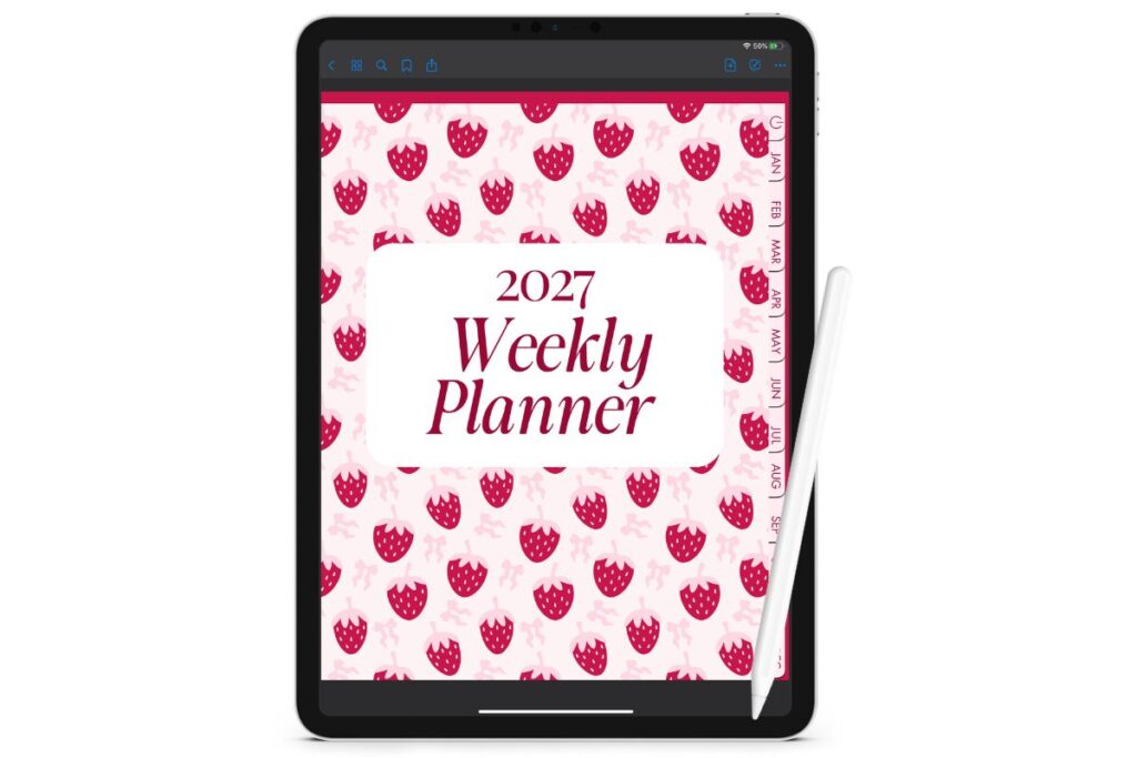 2027 digital weekly planner displayed on a tablet, with a pink strawberry pattern, burgundy typography, and monthly navigation tabs.