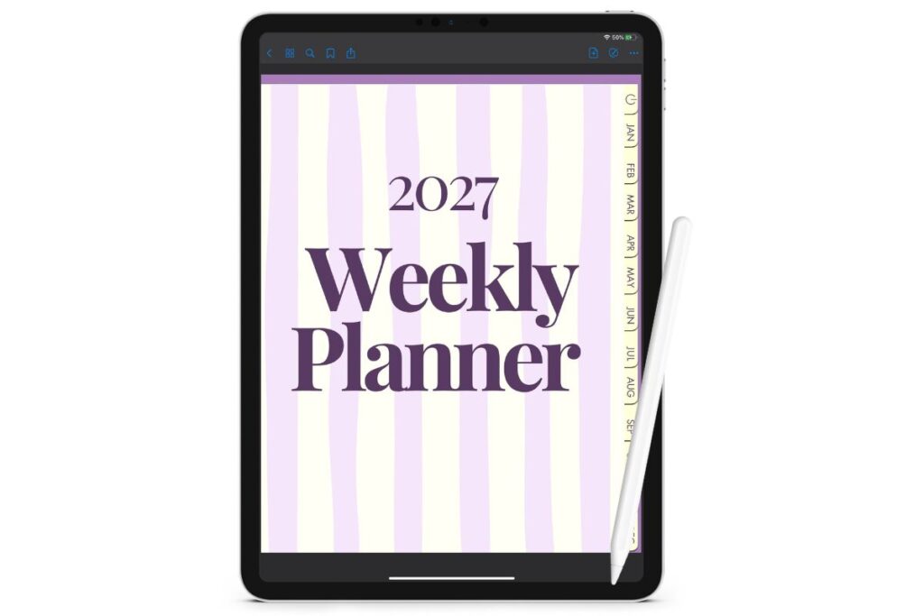2027 digital weekly planner displayed on a tablet, featuring lavender and pale yellow vertical stripes, purple typography, and monthly navigation tabs.