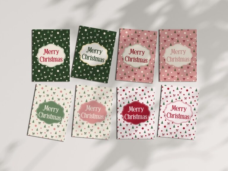 Coquette Christmas cards with vintage-style labels and festive repeating patterns in green, pink, and cream.