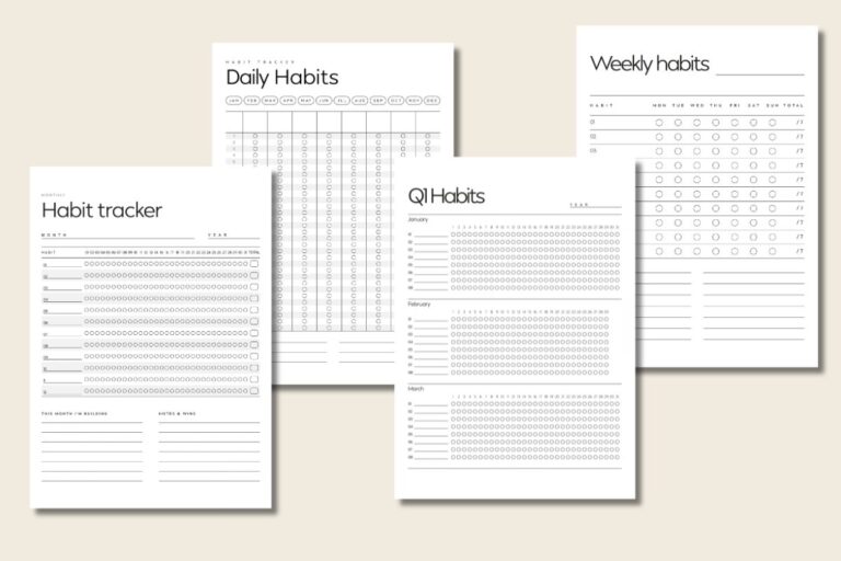 Four printable habit tracker pages: monthly, daily, weekly and quarterly, in a minimalist black and white style.