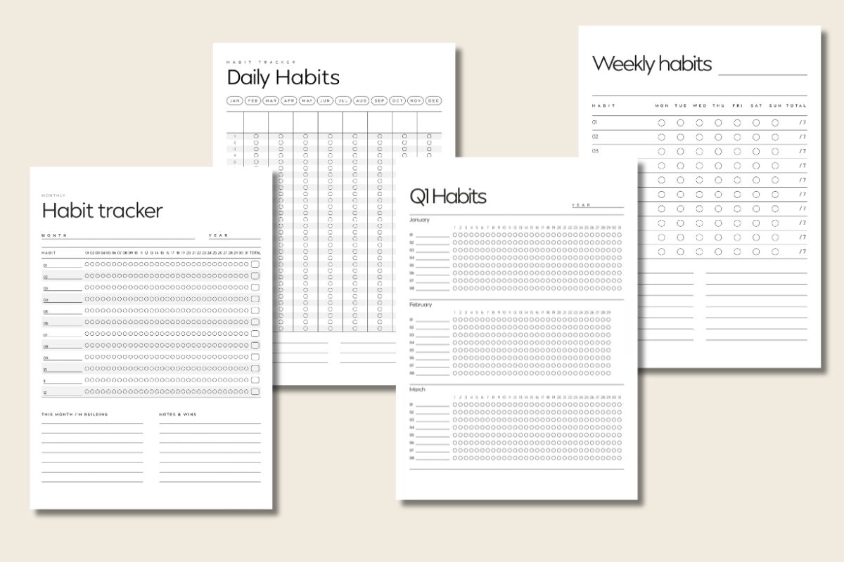 Four printable habit tracker pages: monthly, daily, weekly and quarterly, in a minimalist black and white style.