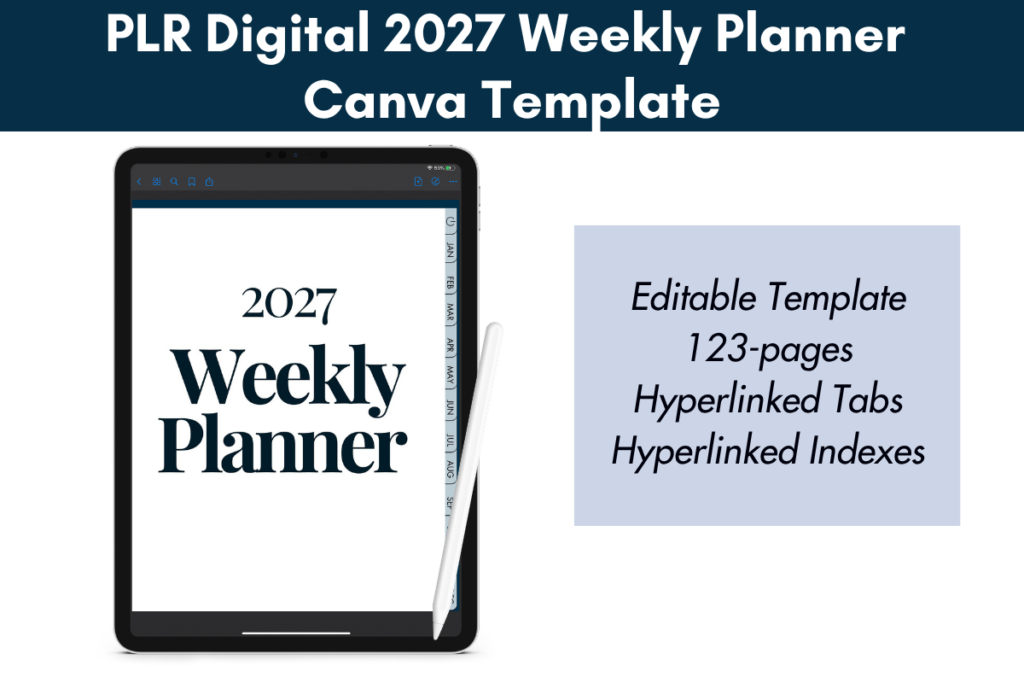 PLR 2027 weekly planner Canva template displayed on a tablet, with text highlighting its editable 123-page layout, hyperlinked tabs, and hyperlinked indexes.