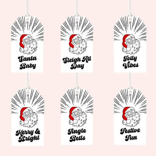 Printable retro Santa Christmas gift tags in black and white with red Santa hats and festive lettering.
