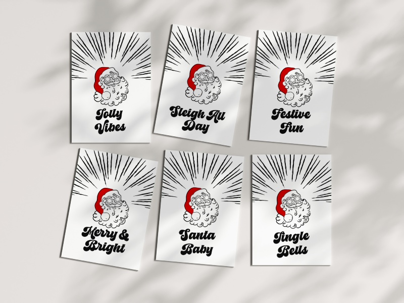 Retro Santa printable Christmas cards with bold black lettering and Santa illustrations.