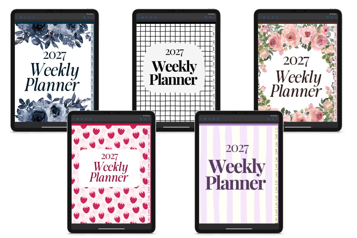 Five 2027 digital weekly planner covers displayed on tablets, featuring blue floral, black-and-white grid, pink floral, strawberry, and lavender striped designs.